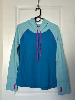Women's Two-Tone Teal & Aqua Hooded Pullover with Pink Accents